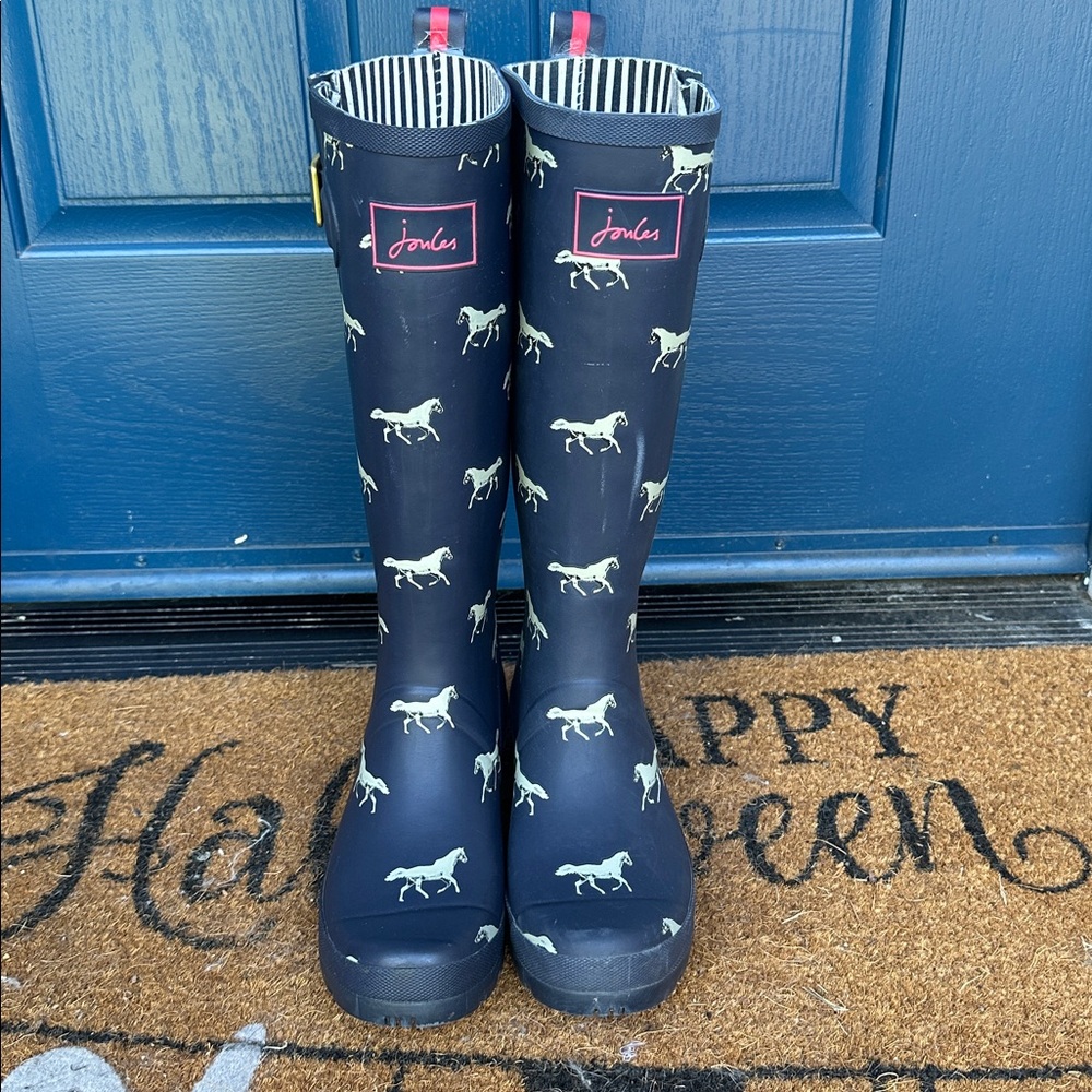 Joules Navy Horse Print Rain Boots Size 7 *Great Condition*